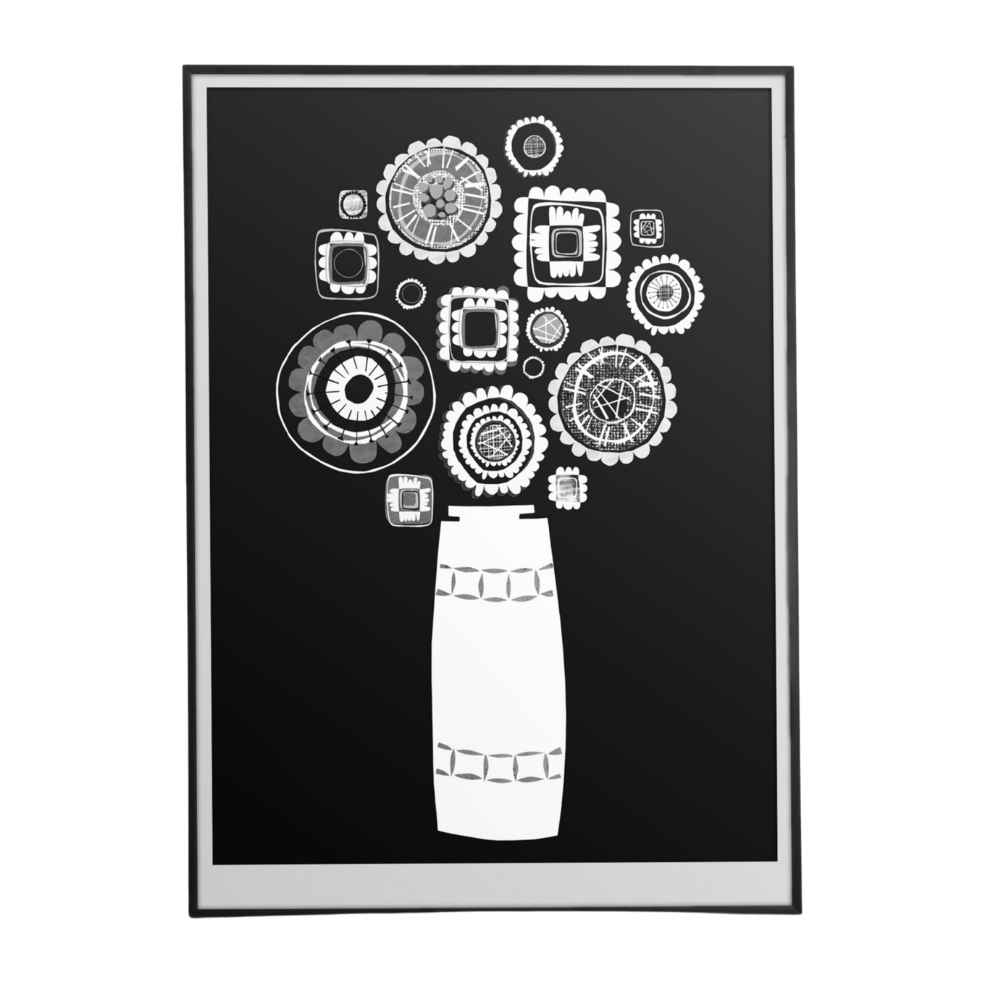 A framed black and white art print featuring a stylized white mid century vase with intricate circular and geometric floral patterns blooming from it, set against a solid black background.