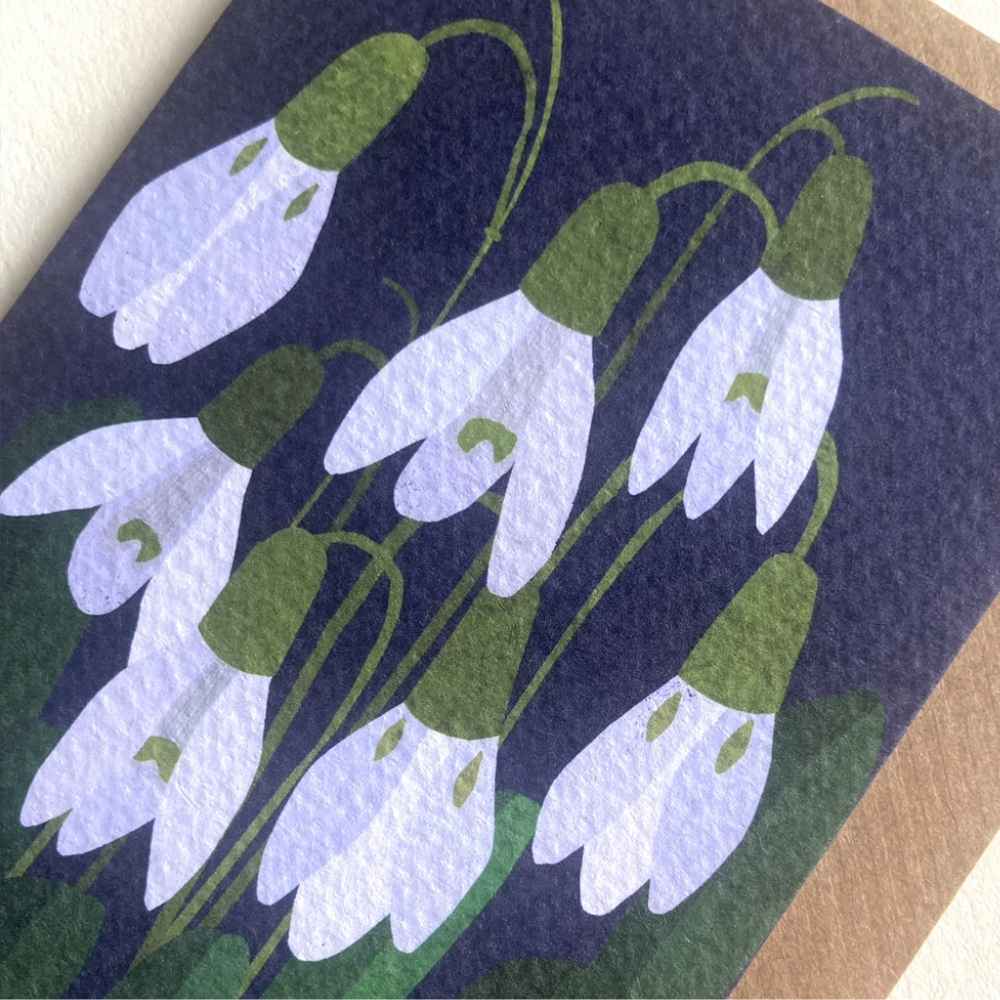 A close-up of a textured art print or card featuring white bell-shaped flowers with green stems and caps on a dark navy blue background.