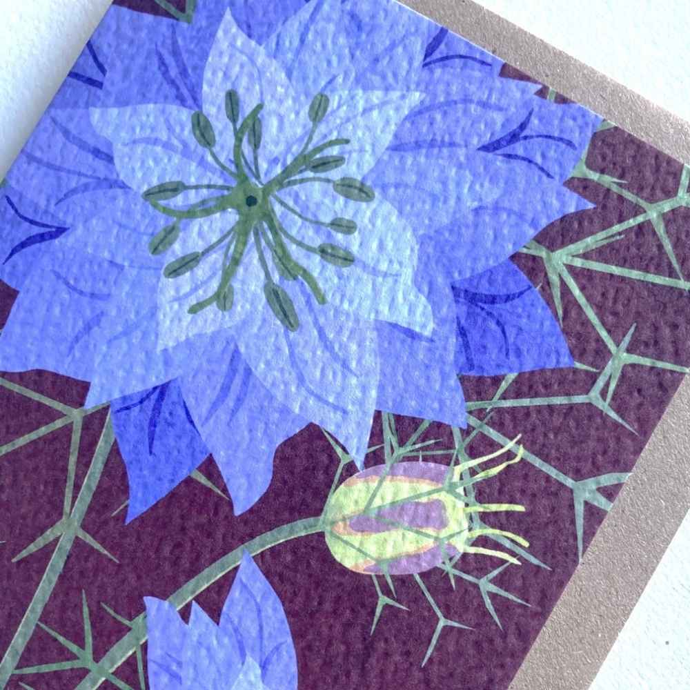 A close-up of a textured art print or card featuring a purple blue nigella flower with a green center, a small green and yellow bud, and a dark purple background with light green vine patterns.
