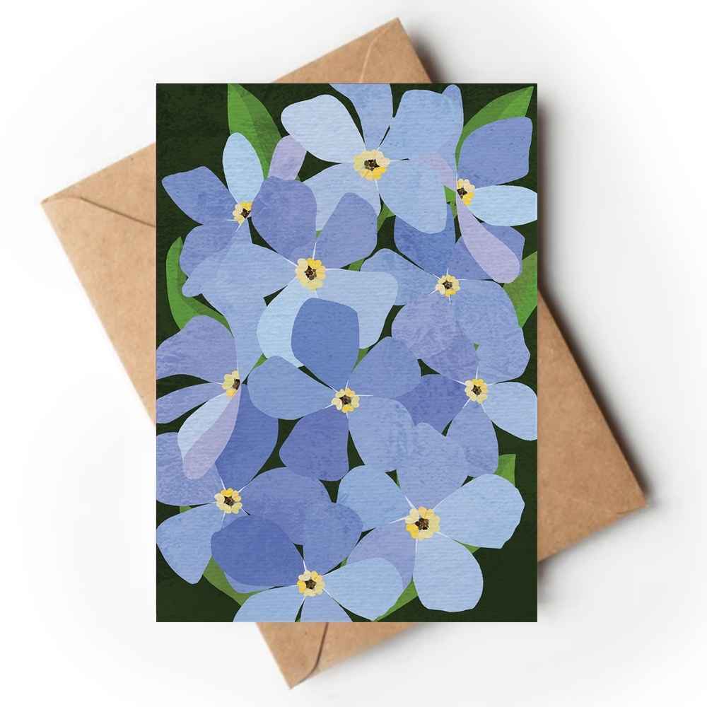 A square art print or card featuring a floral design of blue forget-me-nots with green leaves and yellow centers, displayed on top of a brown kraft envelope against a white background.
