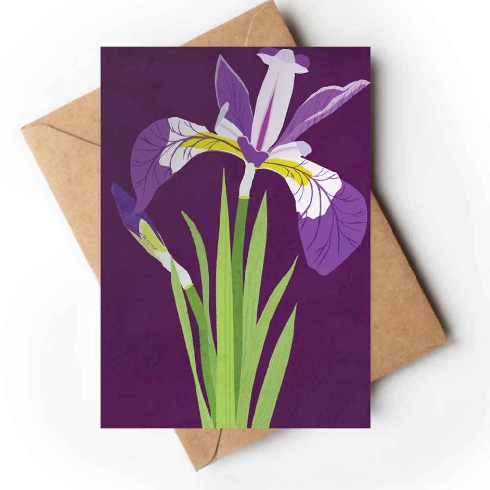 A purple greeting card featuring an illustration of purple and white irises with green leaves, shown with a brown kraft envelope on a white background.
