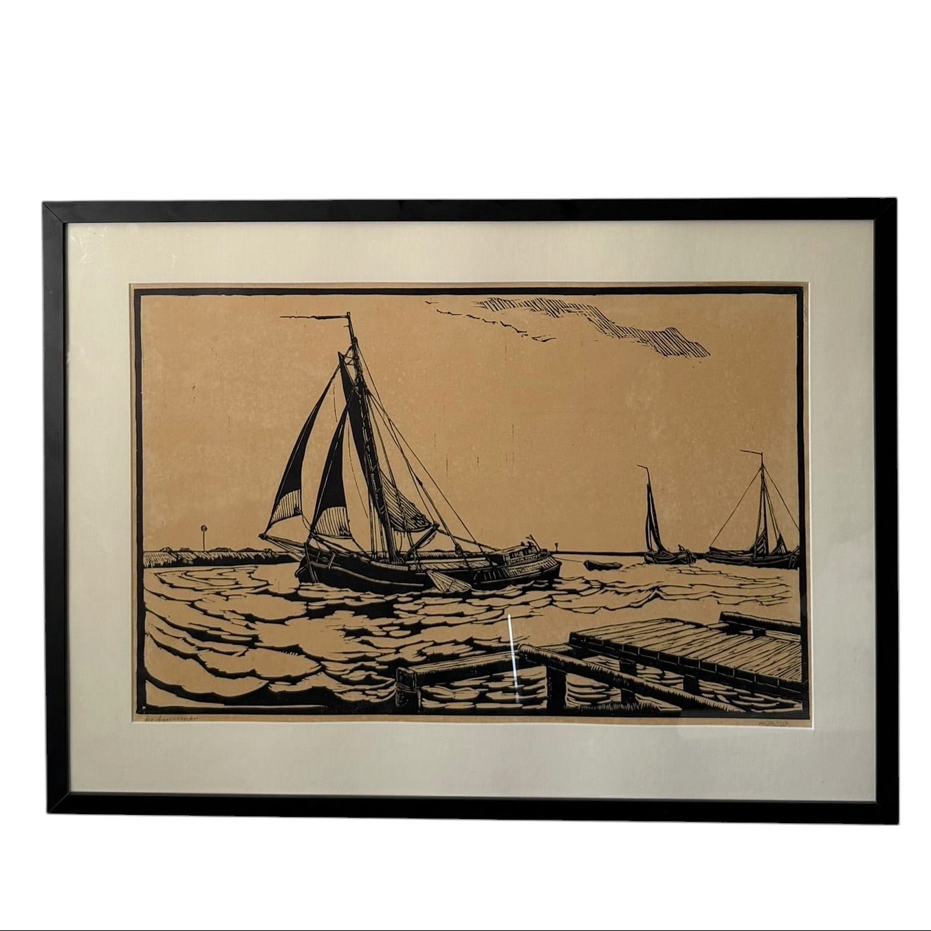 A sailing boat print in a vintage black frame with cream mount - Florrie