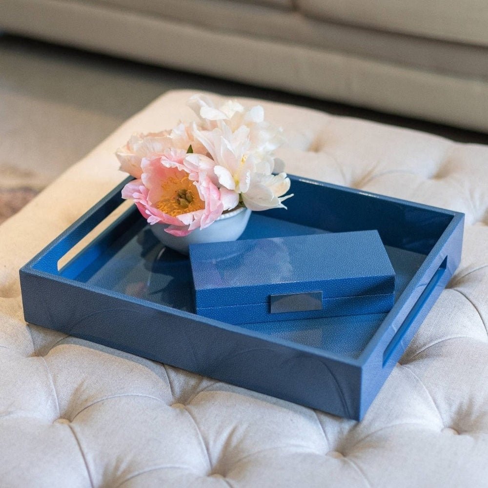 Blue Shagreen Medium Lacquered Serving Tray with handles - Florrie