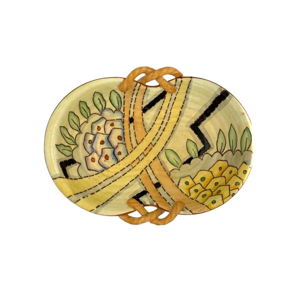 Crown Devon Fieldings hand-painted bowl with twisted handles and Art Deco geometric floral design c.1930s - approx. 27 X 20.5cm - Florrie
