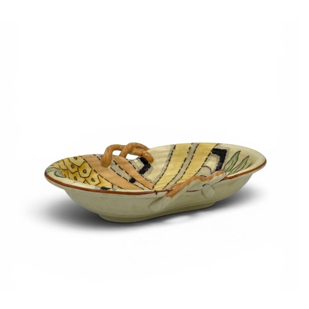 Crown Devon Fieldings hand-painted bowl with twisted handles and Art Deco geometric floral design c.1930s - approx. 27 X 20.5cm - Florrie