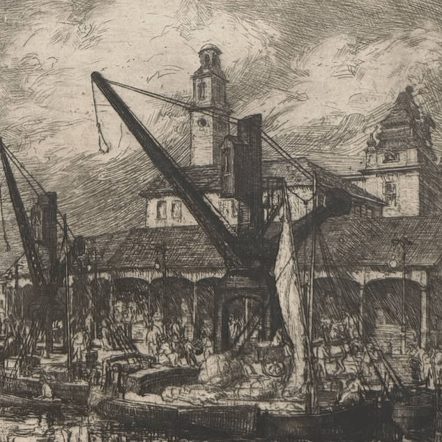 Etching of dock scene by Harold F Collinson (1886-1955) - Florrie