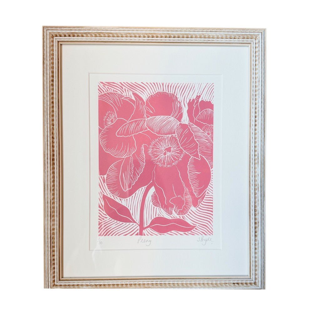 Framed peony dusky pink linocut print - print: A4 250gsm Somerset paper | frame: W28.5cm X H34cm - Florrie