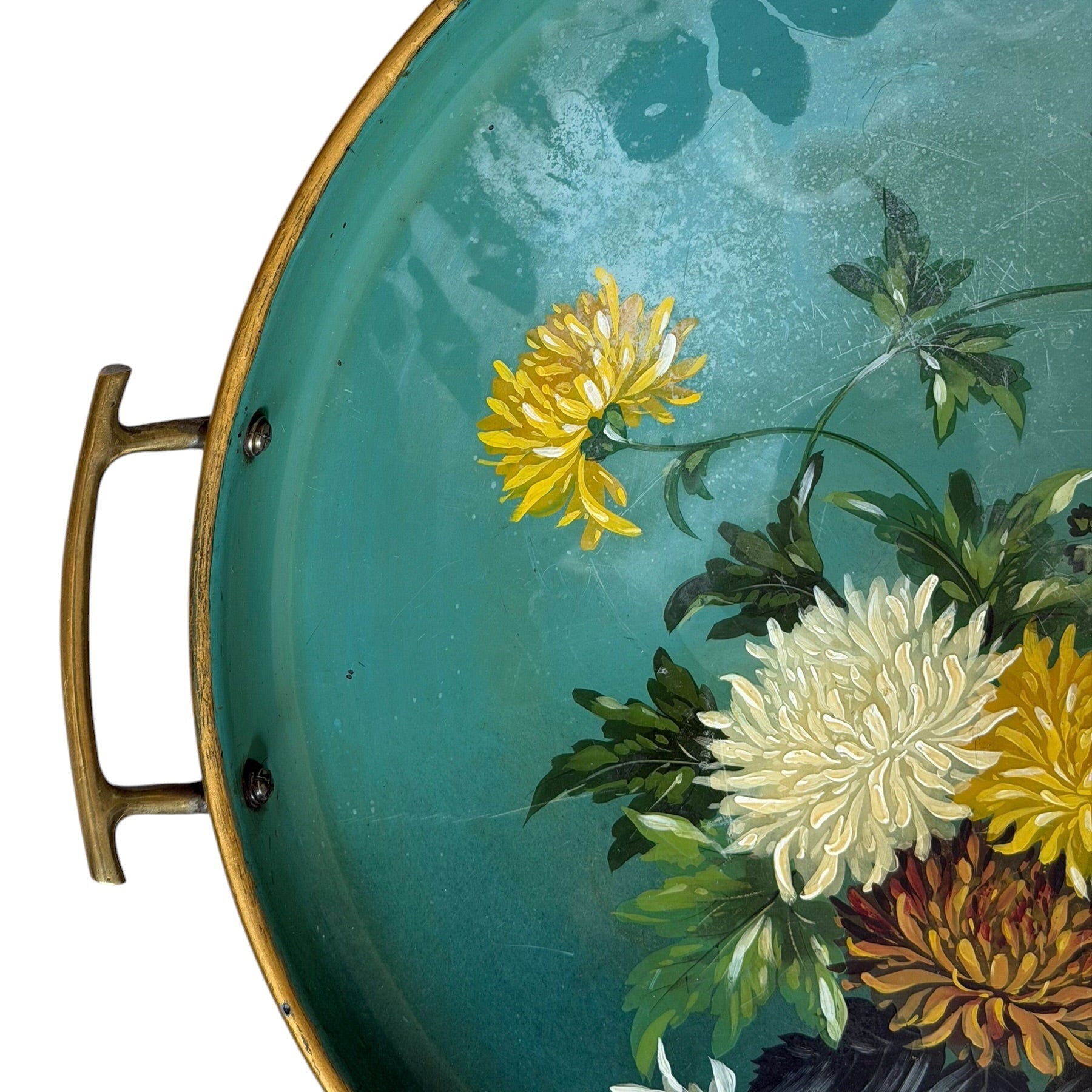 Metal tray hand-painted with chrysanthemums - 46cm diameter - Florrie