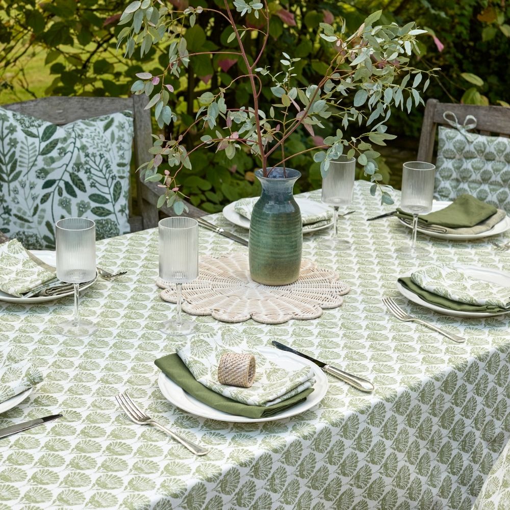 Olive green & white patterned tablecloth — 145x180cm - Florrie