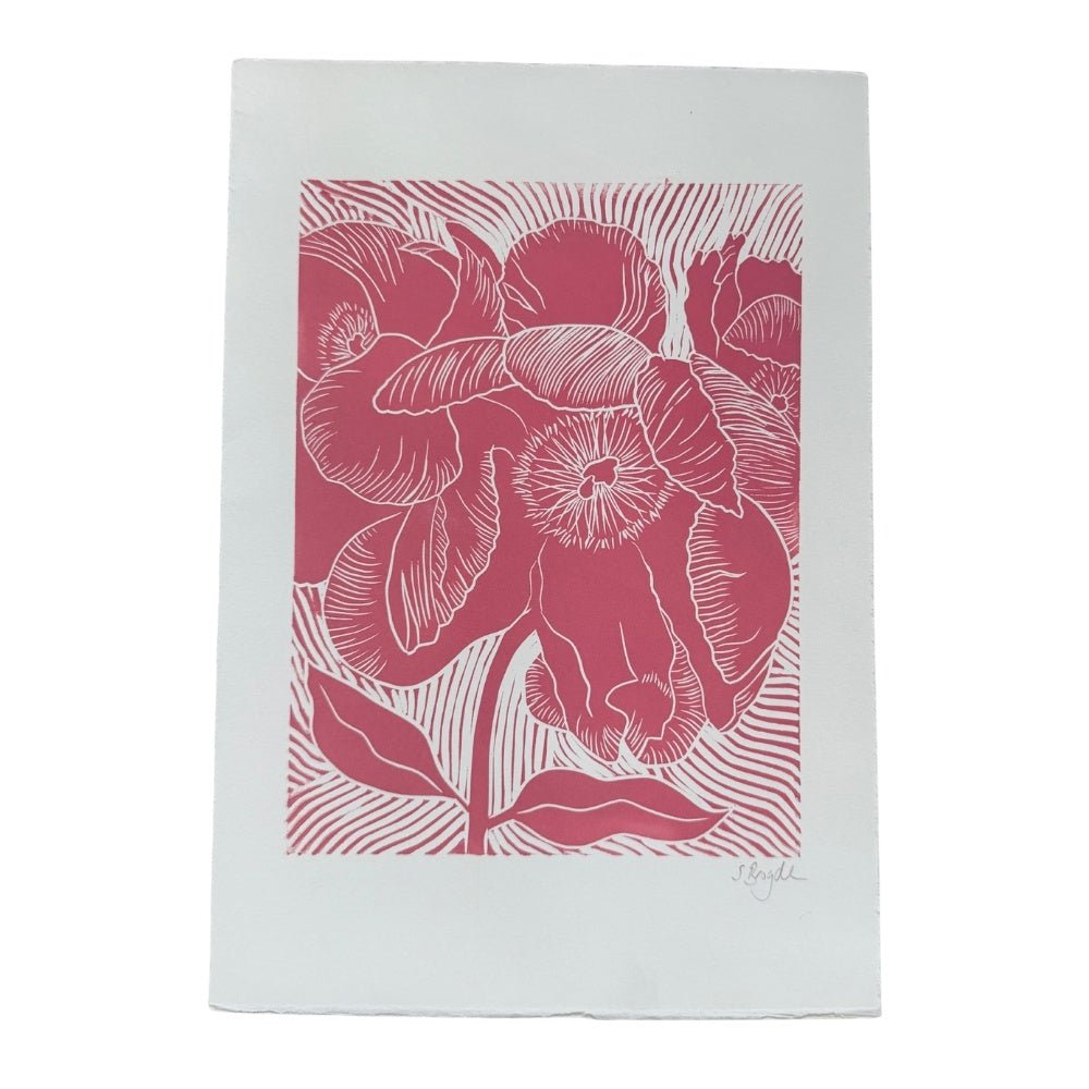 Peony dusky pink linocut print - A4 250gsm Somerset paper - Florrie