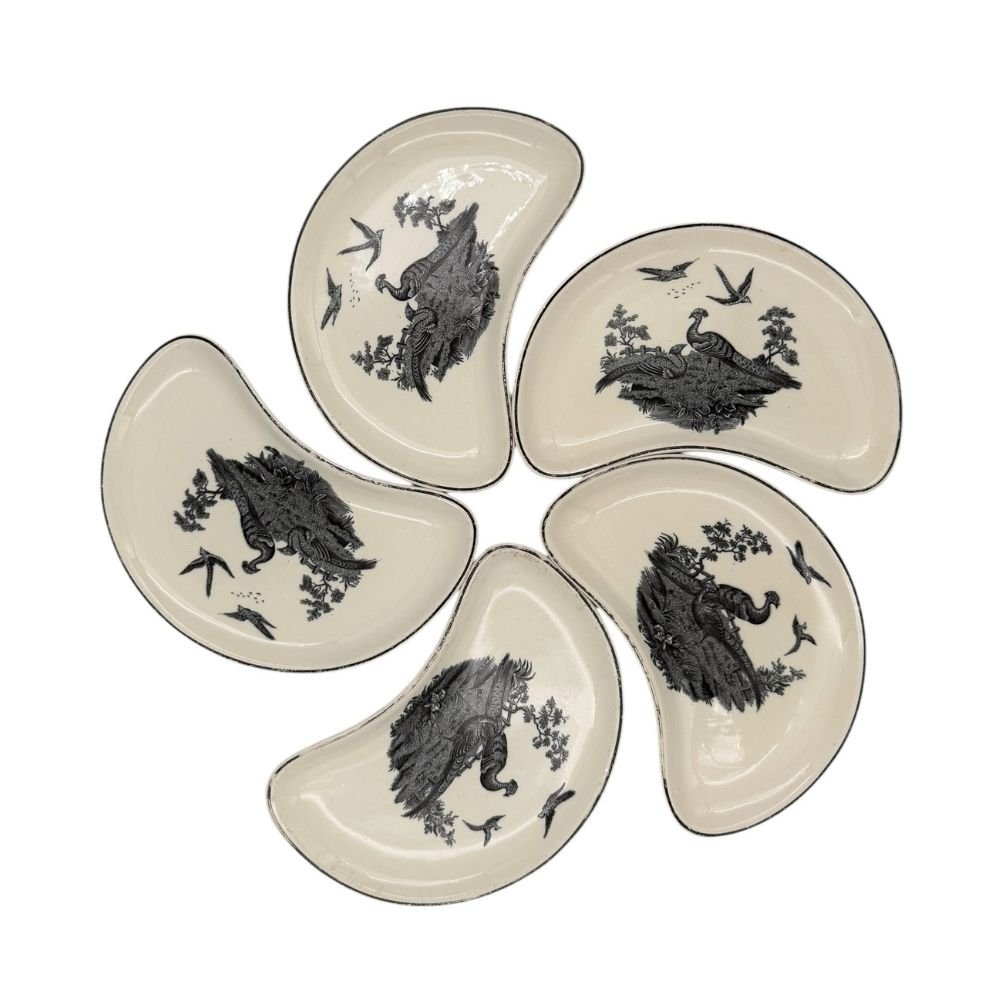 Wedgwood Etruria bone dish with classic 'Liverpool Birds' black transferware design c.1900-1924 (set of 5) - approx. 24X15.5cm - Florrie