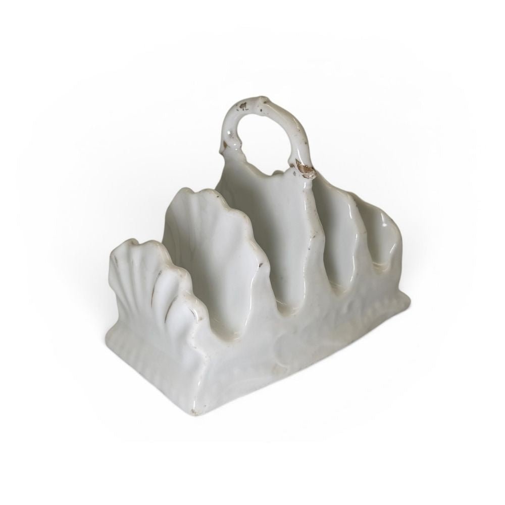 White ceramic toast _ letter rack with shell motif c.1930-50s - Florrie