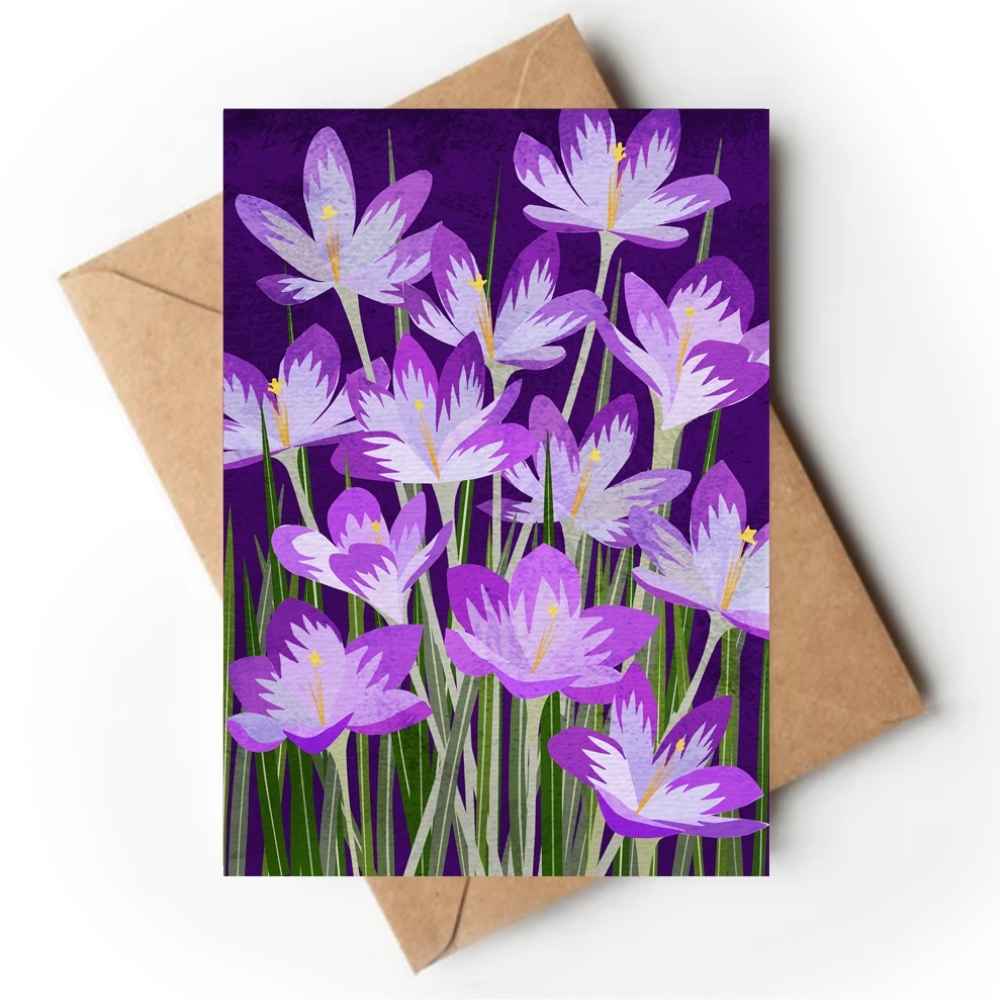 Purple and green crocus mini greetings card with brown Kraft envelope.