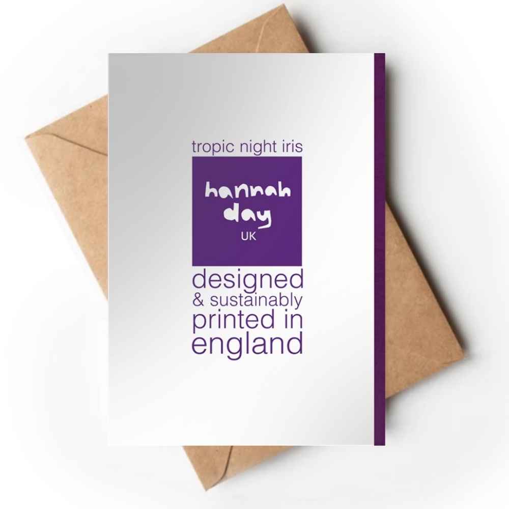 The back of a greeting card with purple text and a purple square logo reading 'hannah day uk', shown with brown kraft envelopes on a clean white background.