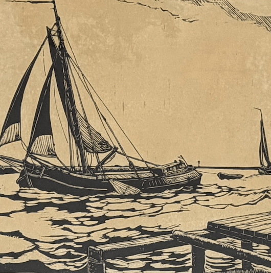 A sailing boat print in a vintage black frame with cream mount - Florrie