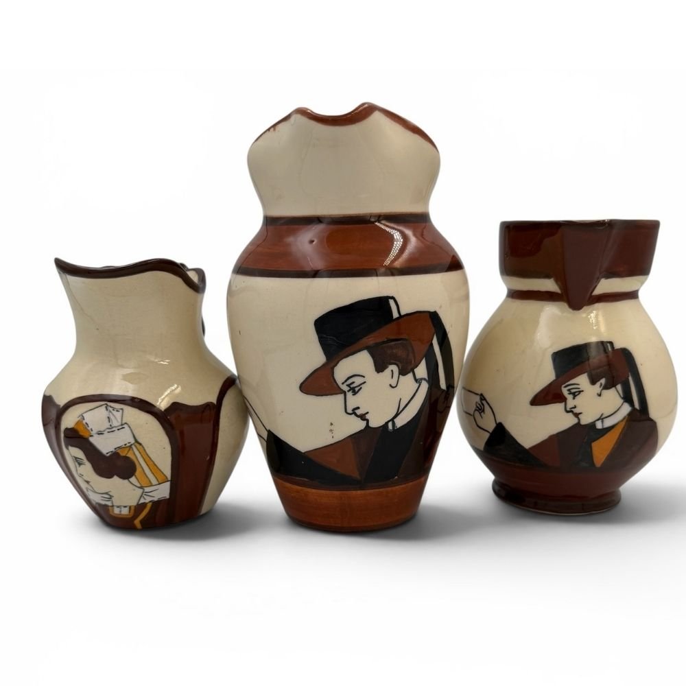Art Deco hand-painted cream & brown Quimper jug with makers marks, see photos for detail (set of 3)— approx. 10.5cm / 11.5cm /15.5cm tall - Florrie
