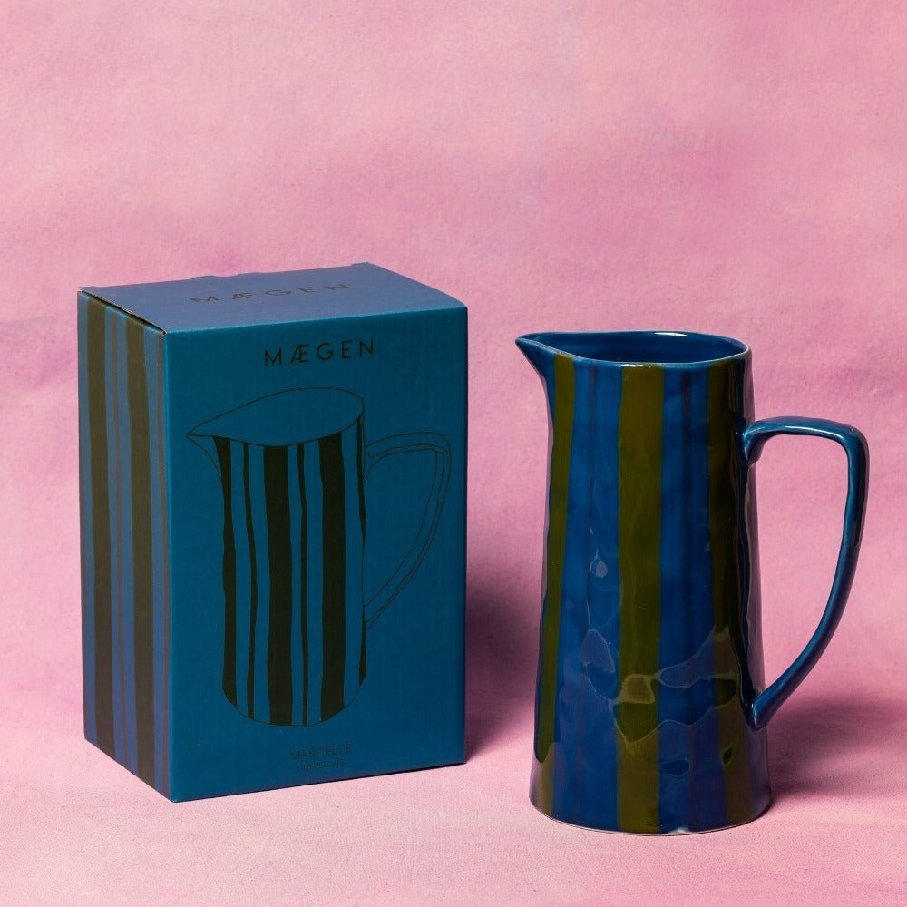 Blue & green ceramic stripe jug - 24.5X13cm base - Florrie