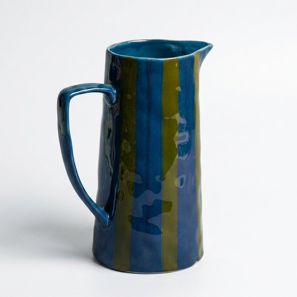 Blue & green ceramic stripe jug - 24.5X13cm base - Florrie