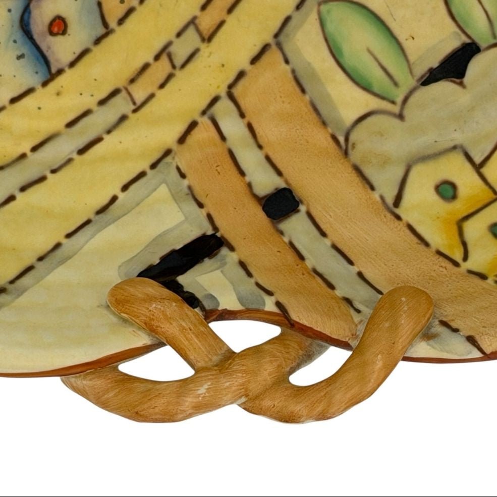 Crown Devon Fieldings hand-painted bowl with twisted handles and Art Deco geometric floral design c.1930s - approx. 27 X 20.5cm - Florrie