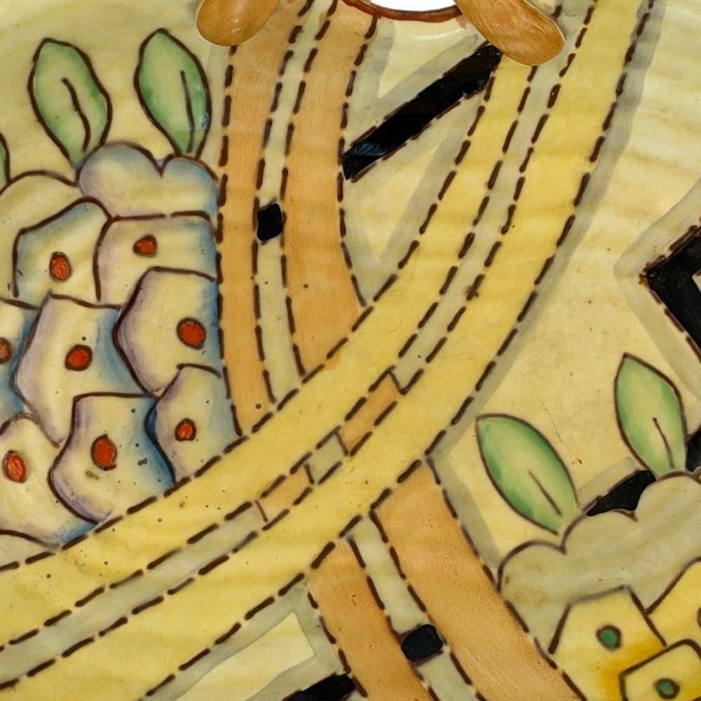 Crown Devon Fieldings hand-painted bowl with twisted handles and Art Deco geometric floral design c.1930s - approx. 27 X 20.5cm - Florrie
