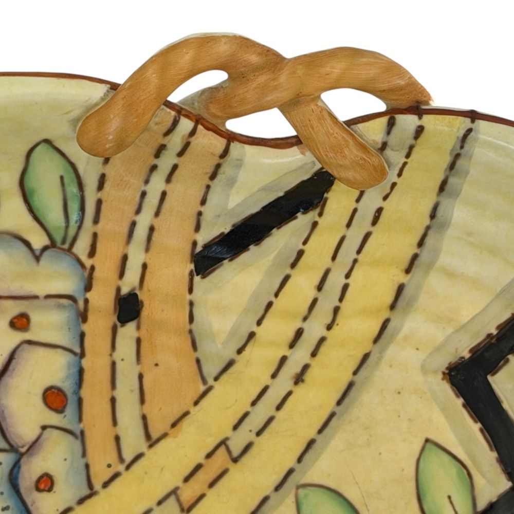 Crown Devon Fieldings hand-painted bowl with twisted handles and Art Deco geometric floral design c.1930s - approx. 27 X 20.5cm - Florrie