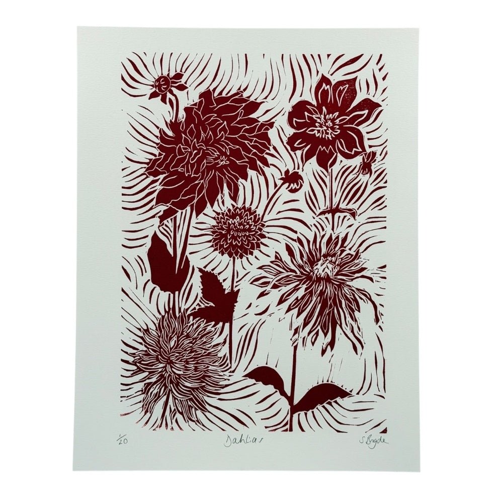 Dahlias burgundy red linocut print - A3 JPP Southbank paper - Florrie