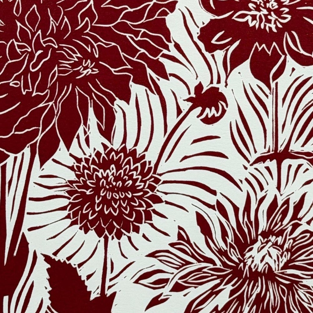 Dahlias burgundy red linocut print - A3 JPP Southbank paper - Florrie