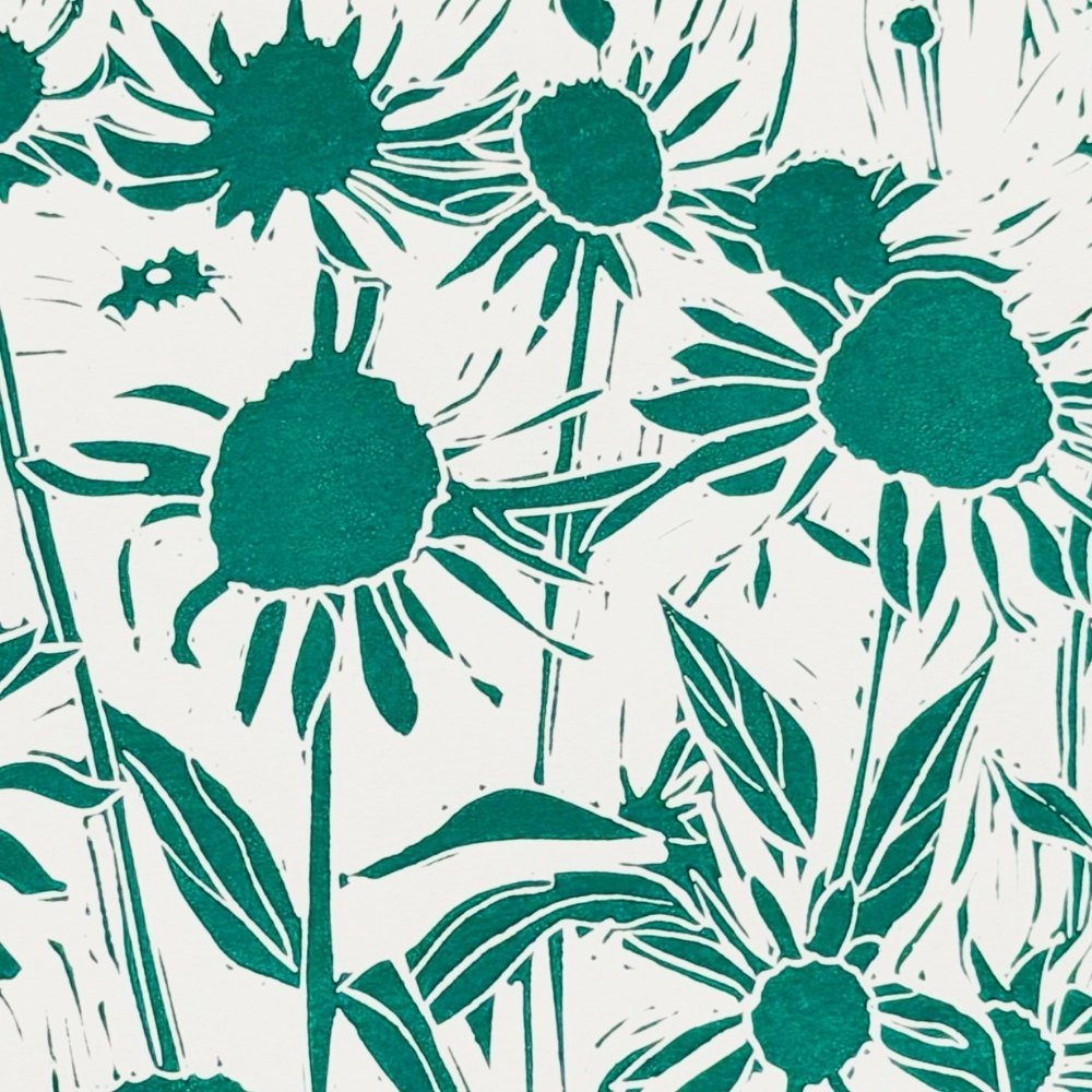 Echinacea - teal linocut print - A4 120gsm Fabriano paper - Florrie