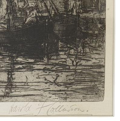 Etching of dock scene by Harold F Collinson (1886-1955) - Florrie