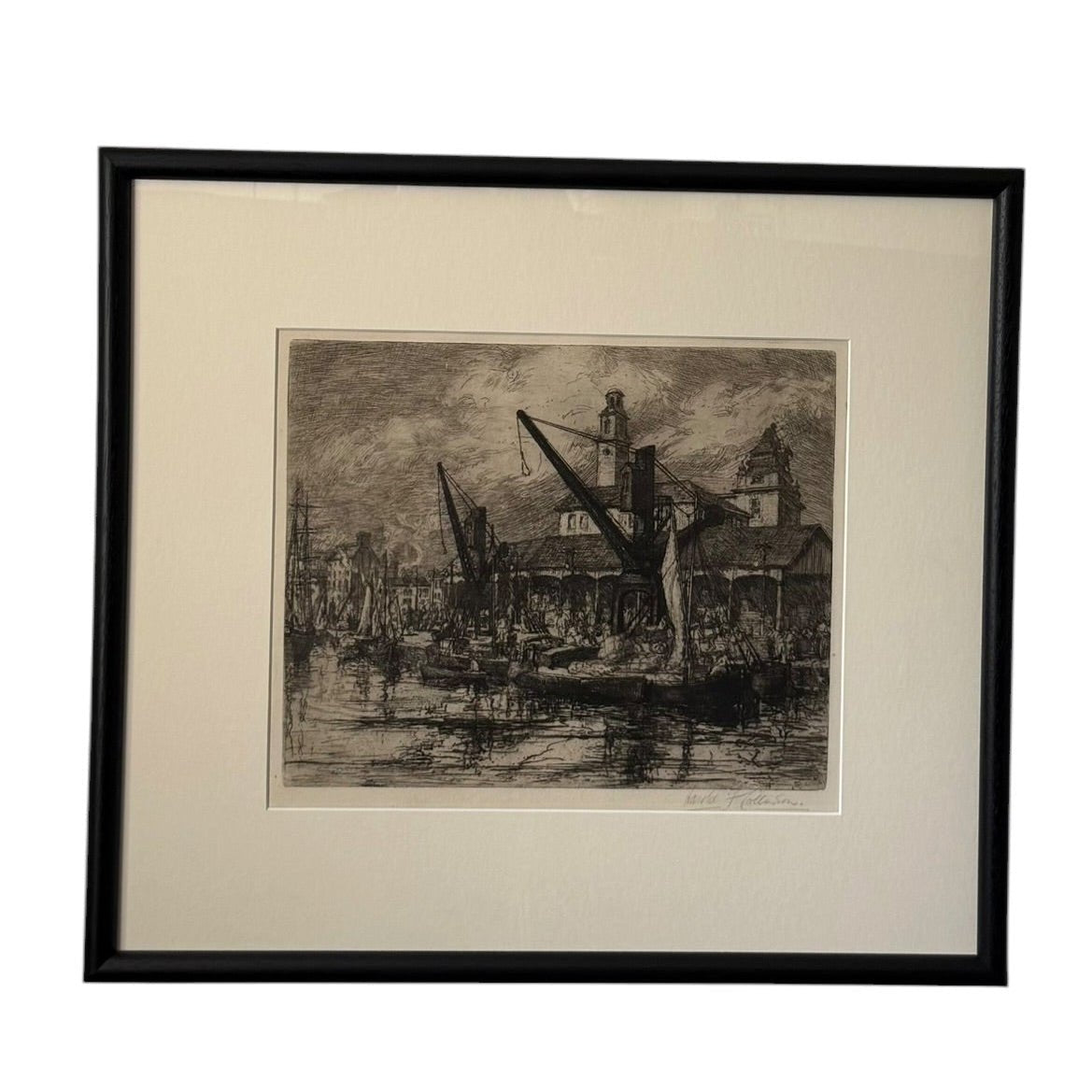 Etching of dock scene by Harold F Collinson - Florrie
