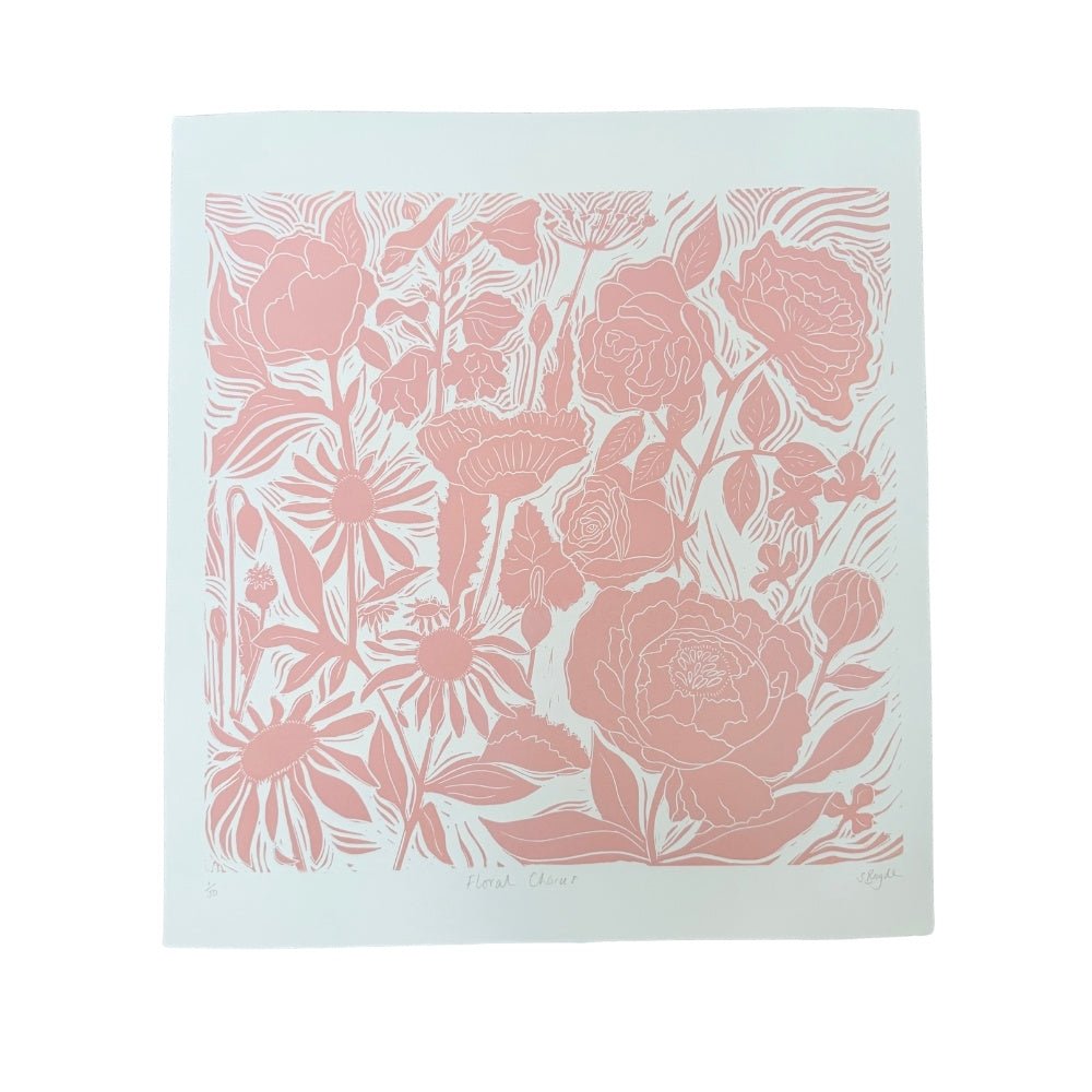 Floral Chorus pink linocut print - 40X43cm 250gsm Somerset paper - Florrie