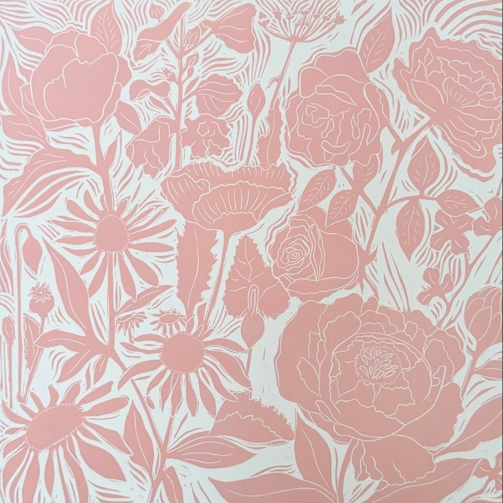Floral Chorus pink linocut print - 40X43cm 250gsm Somerset paper - Florrie