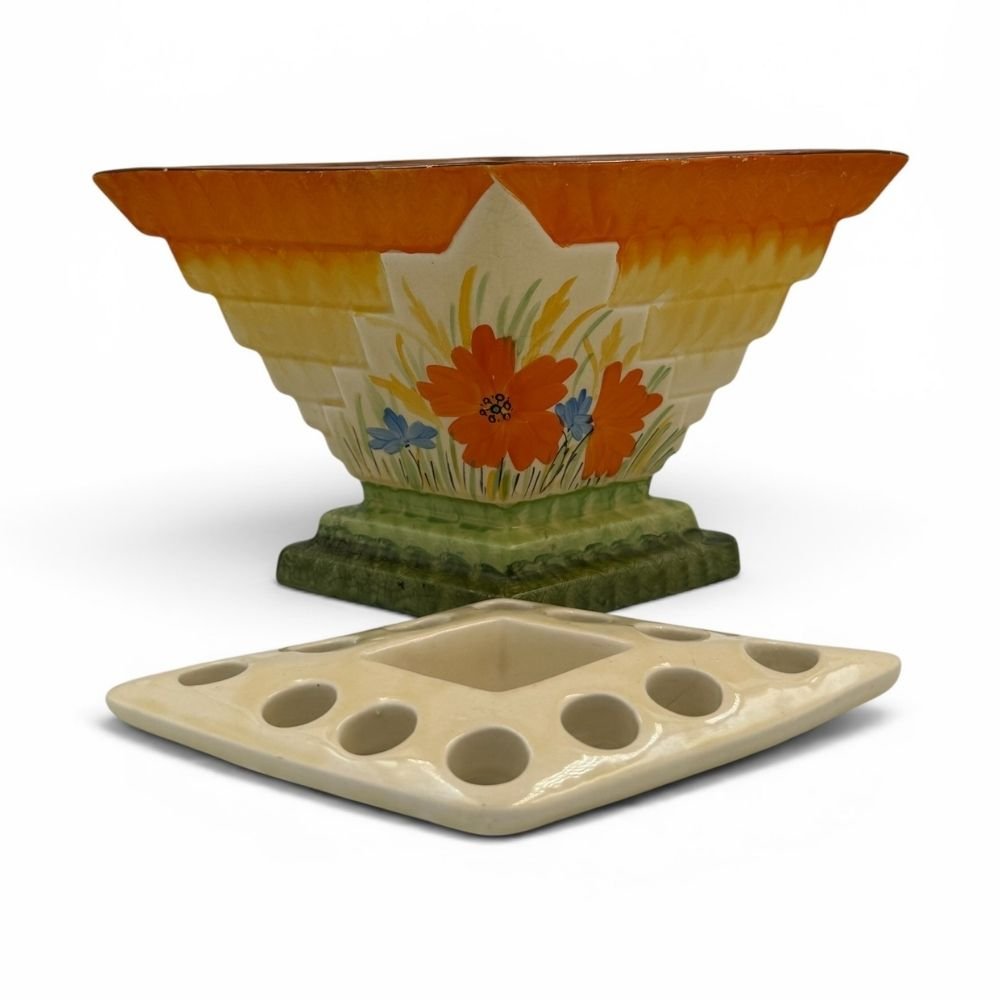 Hand-painted Myott & Sons hand-painted vase with flower frog c.1930s - W27.8 X H16cm - Florrie