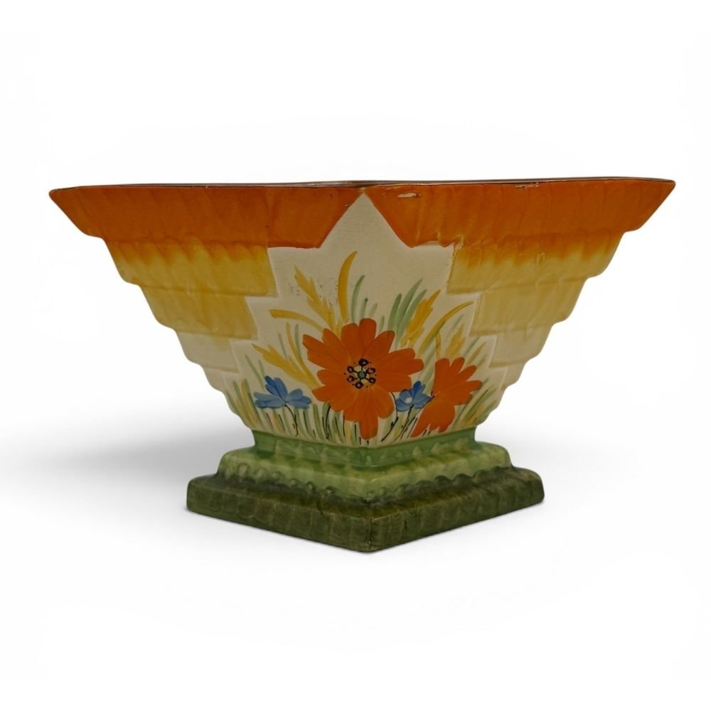 Hand-painted Myott & Sons hand-painted vase with flower frog c.1930s - W27.8 X H16cm - Florrie