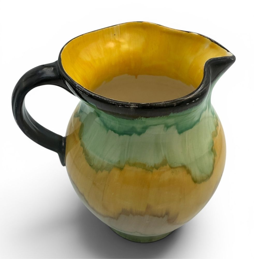 Hand-painted S. Hancock and Son ivory ware yellow, green and black glazed jug c.1920s-30s - H18cm X W13.5cm - Florrie