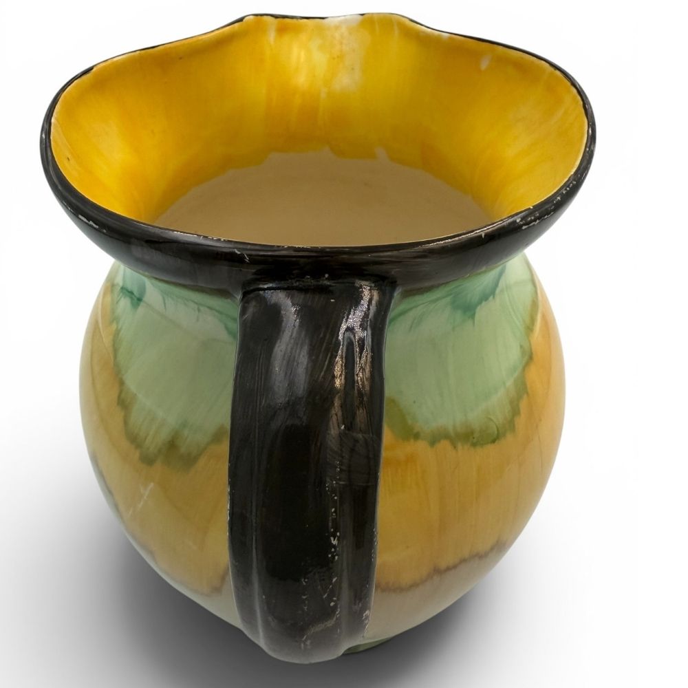 Hand-painted S. Hancock and Son ivory ware yellow, green and black glazed jug c.1920s-30s - H18cm X W13.5cm - Florrie