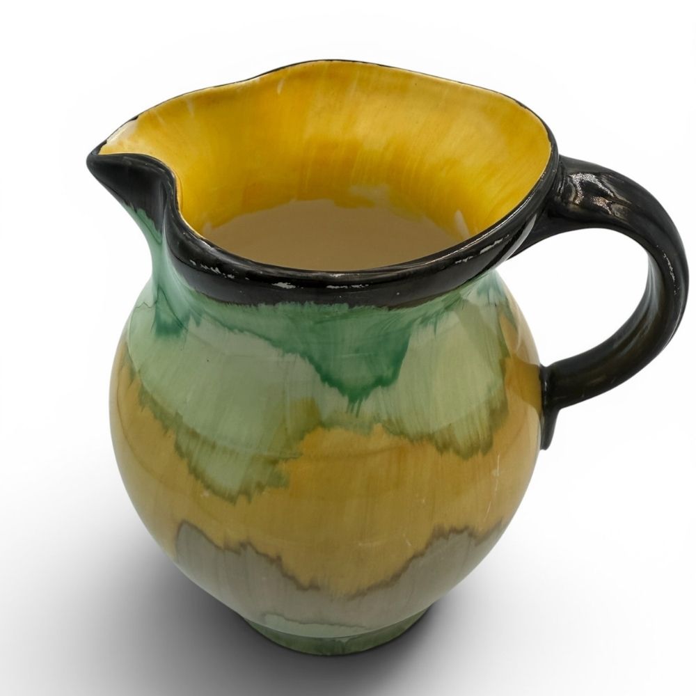 Hand-painted S. Hancock and Son ivory ware yellow, green and black glazed jug c.1920s-30s - H18cm X W13.5cm - Florrie