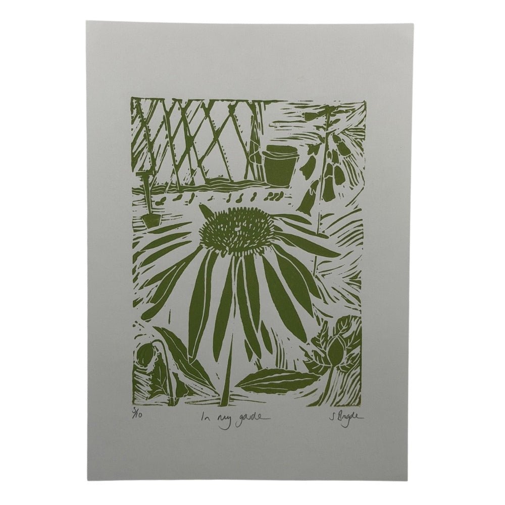 In My Garden sage green linocut print - A4 120gsm Fabriano paper - Florrie