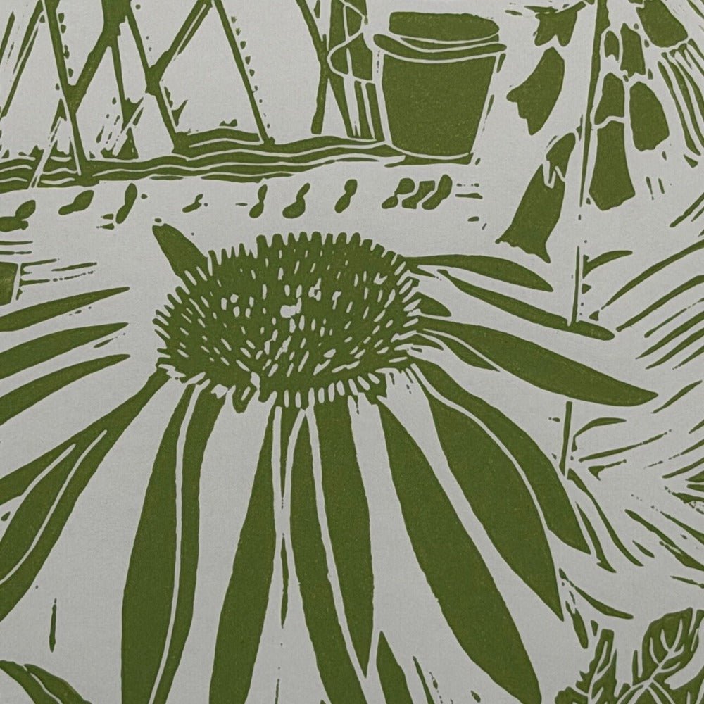 In My Garden sage green linocut print - A4 120gsm Fabriano paper - Florrie
