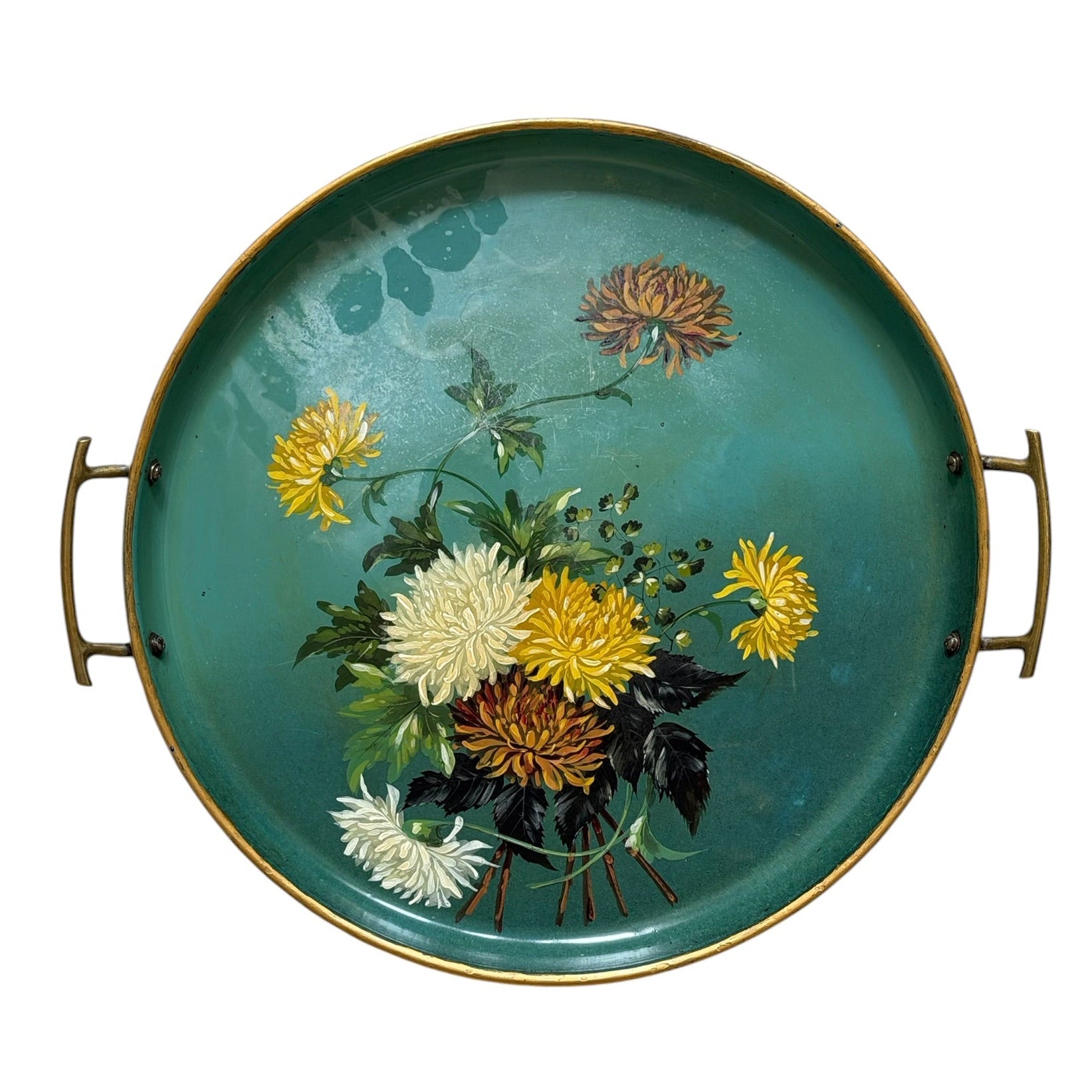 Metal tray hand-painted with chrysanthemums - 46cm diameter - Florrie