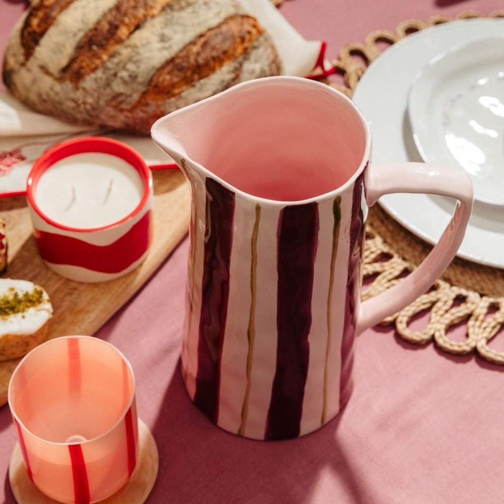 Pink & red ceramic stripe jug - 24.5X13cm base - Florrie