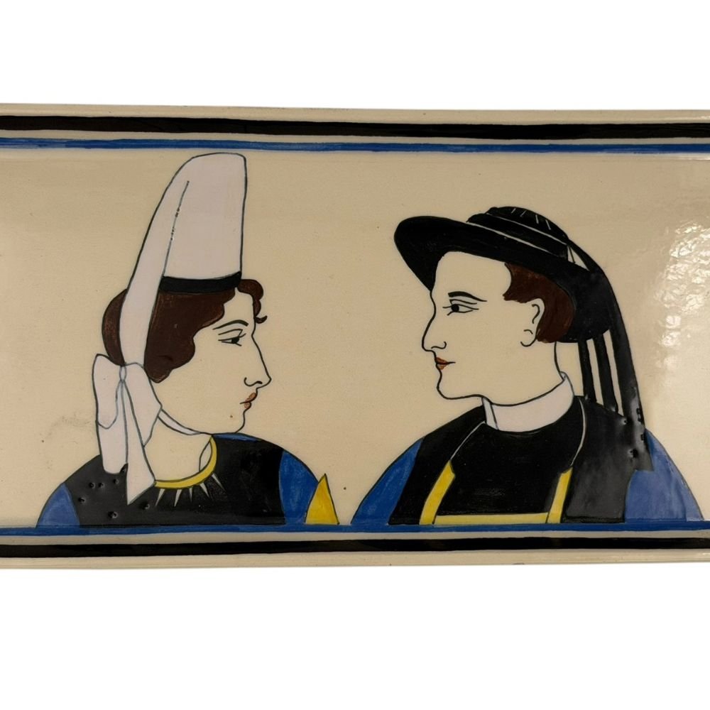 Quimper Art Deco cream hand-painted platter - approx. 40.5 X 15cm - Florrie