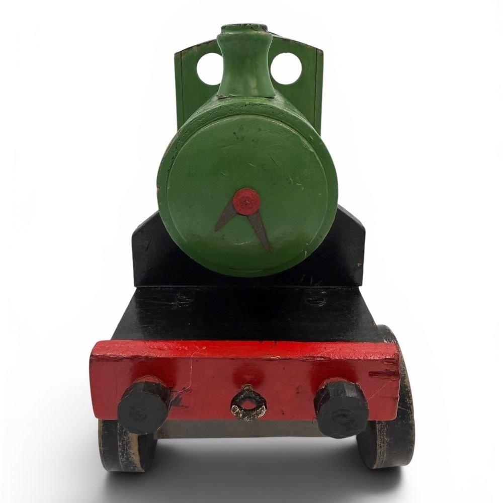 Scratch made green wooden train with metal roof c.1950s - L43cm X W12cm - Florrie
