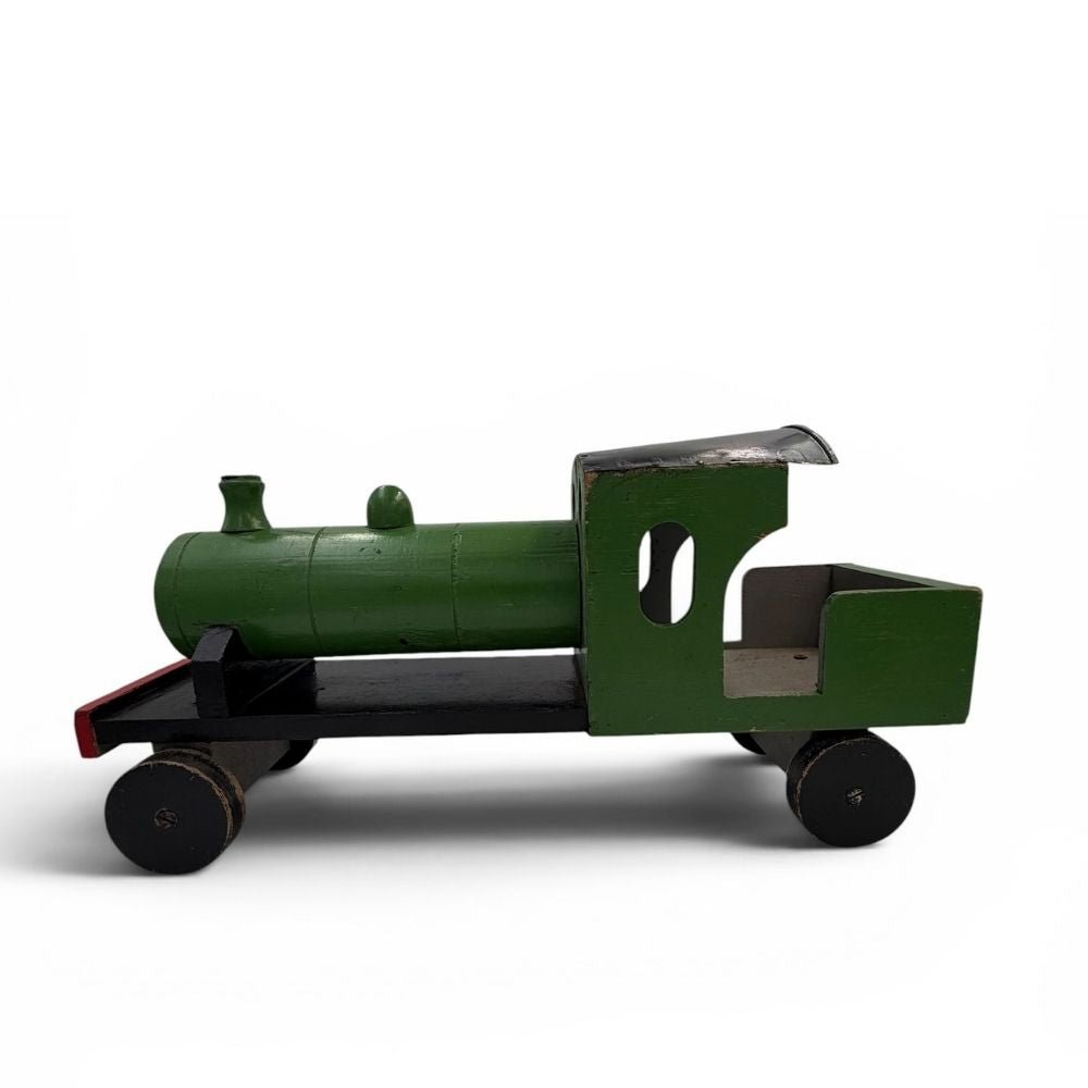 Scratch made green wooden train with metal roof c.1950s - L43cm X W12cm - Florrie