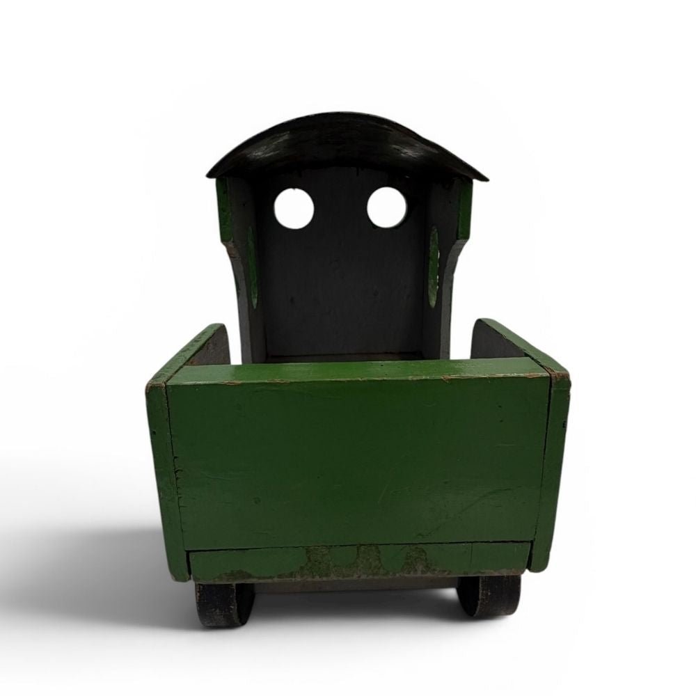 Scratch made green wooden train with metal roof c.1950s - L43cm X W12cm - Florrie