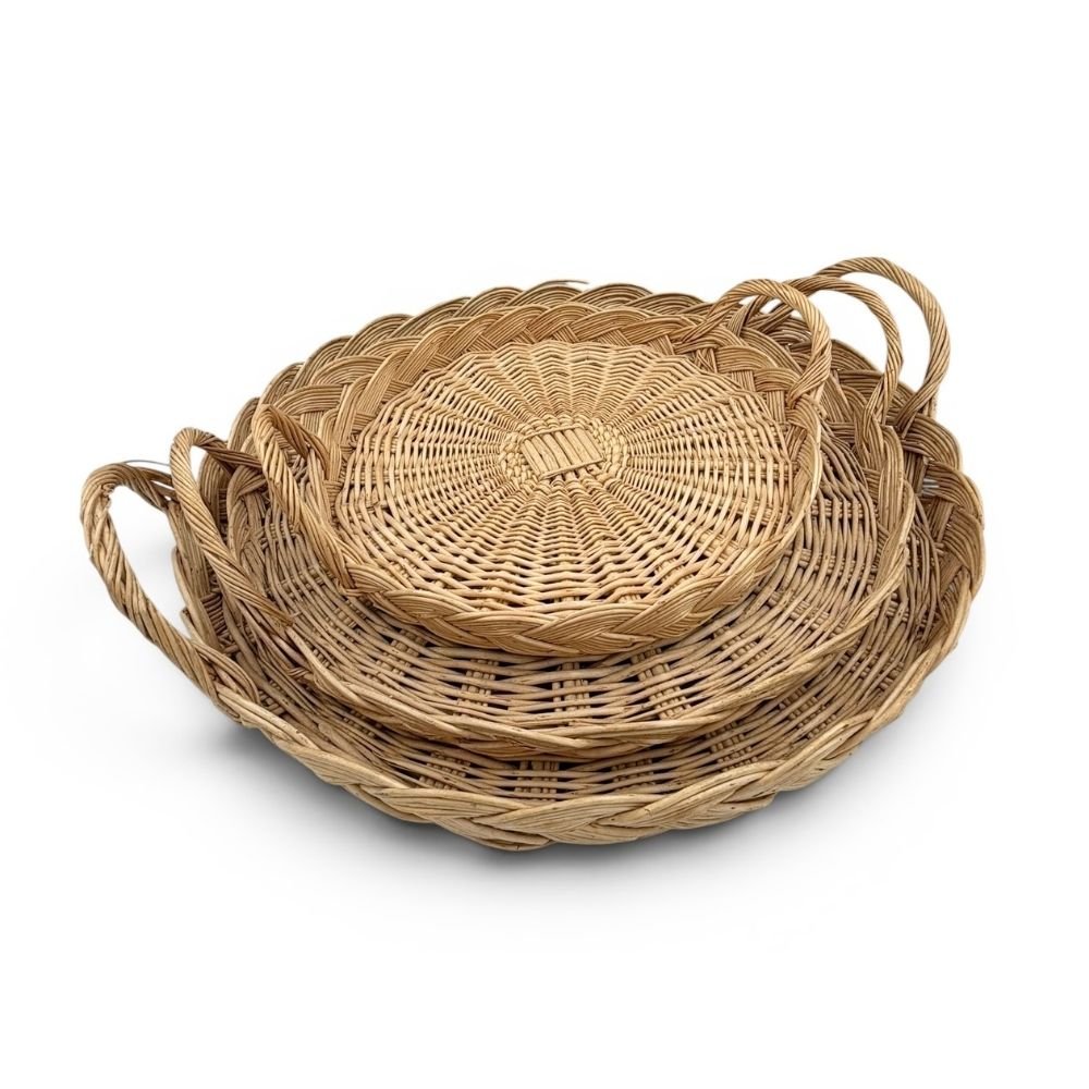 Set of 3 natural woven round pre-loved trays - 22.5cm/ 31cm/ 35.5cm diameter - Florrie