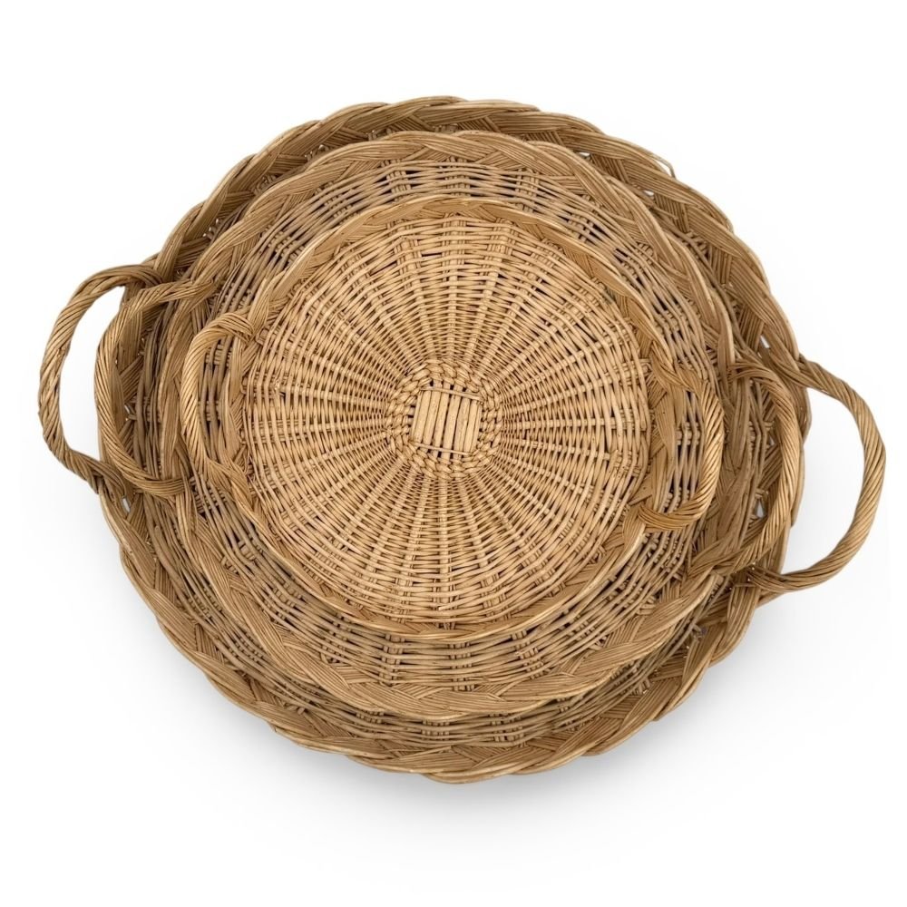 Set of 3 natural woven round pre-loved trays - 22.5cm/ 31cm/ 35.5cm diameter - Florrie