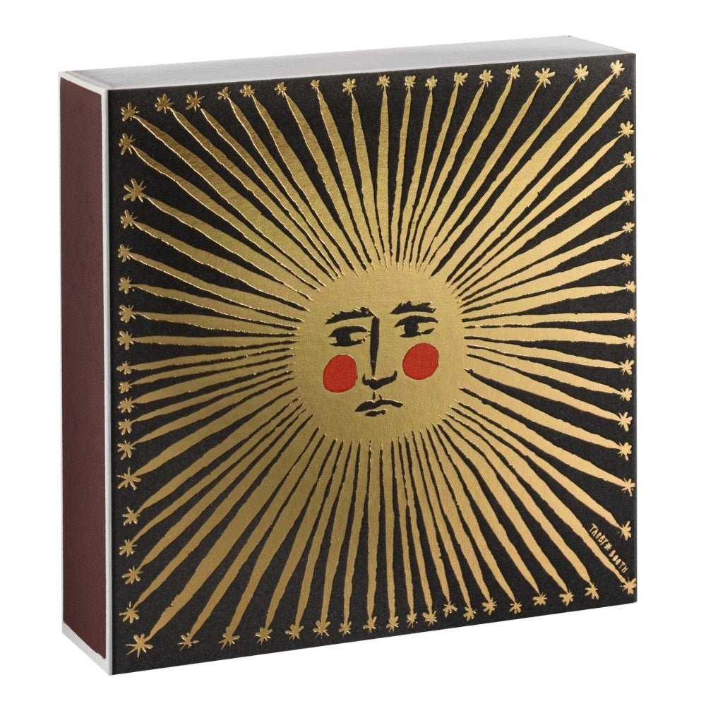 Square box of Tabby Booth designed sun ray matches - Florrie