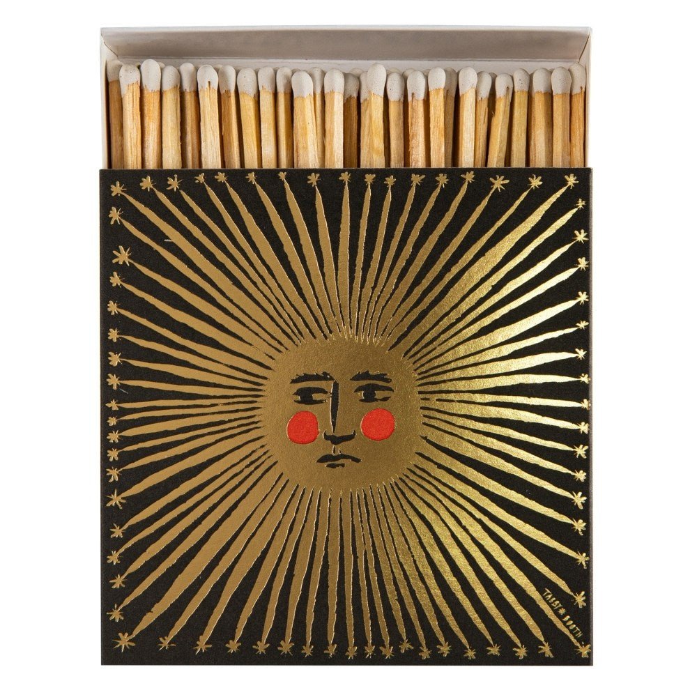 Square box of Tabby Booth designed sun ray matches - Florrie