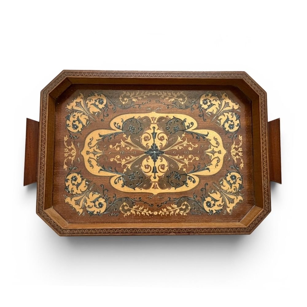 Tray with inlaid wooden design, wood veneer & glass protection - Florrie
